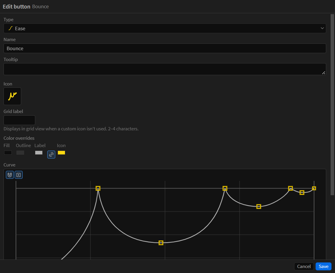 The button editor in its floating window, editing an ease button named Bounce