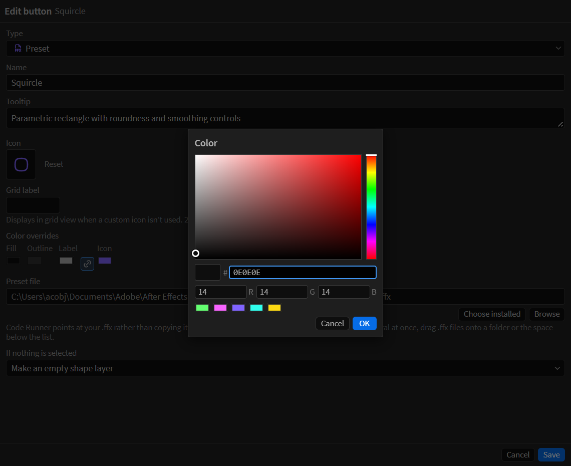 The color picker open in the button editor, with the five type colors offered as swatches