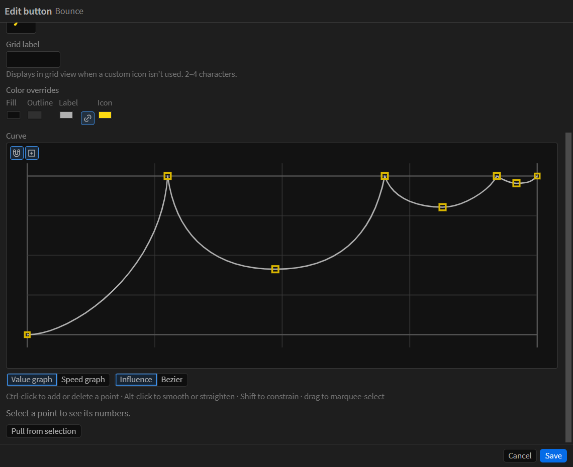 The ease graph editing a bounce shape, with the value and speed graph switch and Pull from selection