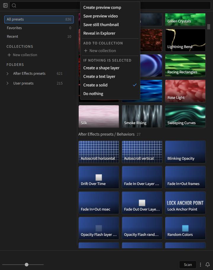 A preset card's three-dot menu, with the Add to collection and If nothing is selected sections