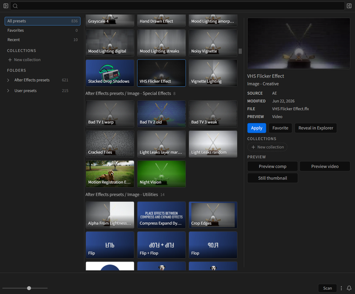 The Preset Browser panel after a scan: folders on the left, preview cards in the middle, and the selected preset's info pane on the right